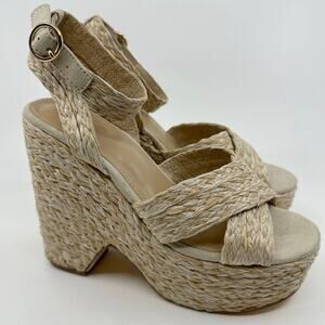 Just Fab Mia Sandals Women Sz 6 Beige Notched Wedge Straps Crisscross Espadrille